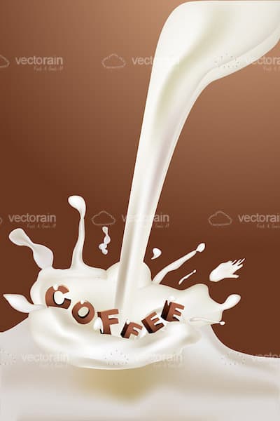 Splashed Milk on a Brown Background with the word ¨Coffee¨